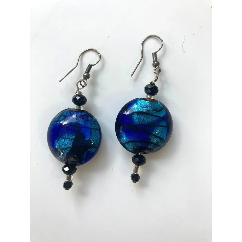 Artisan Handcrafted Art Glass Blue Gold Beaded Necklace Pendant Earring Set